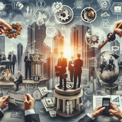 Collage illustrating investment banking services like M&A and IPOs